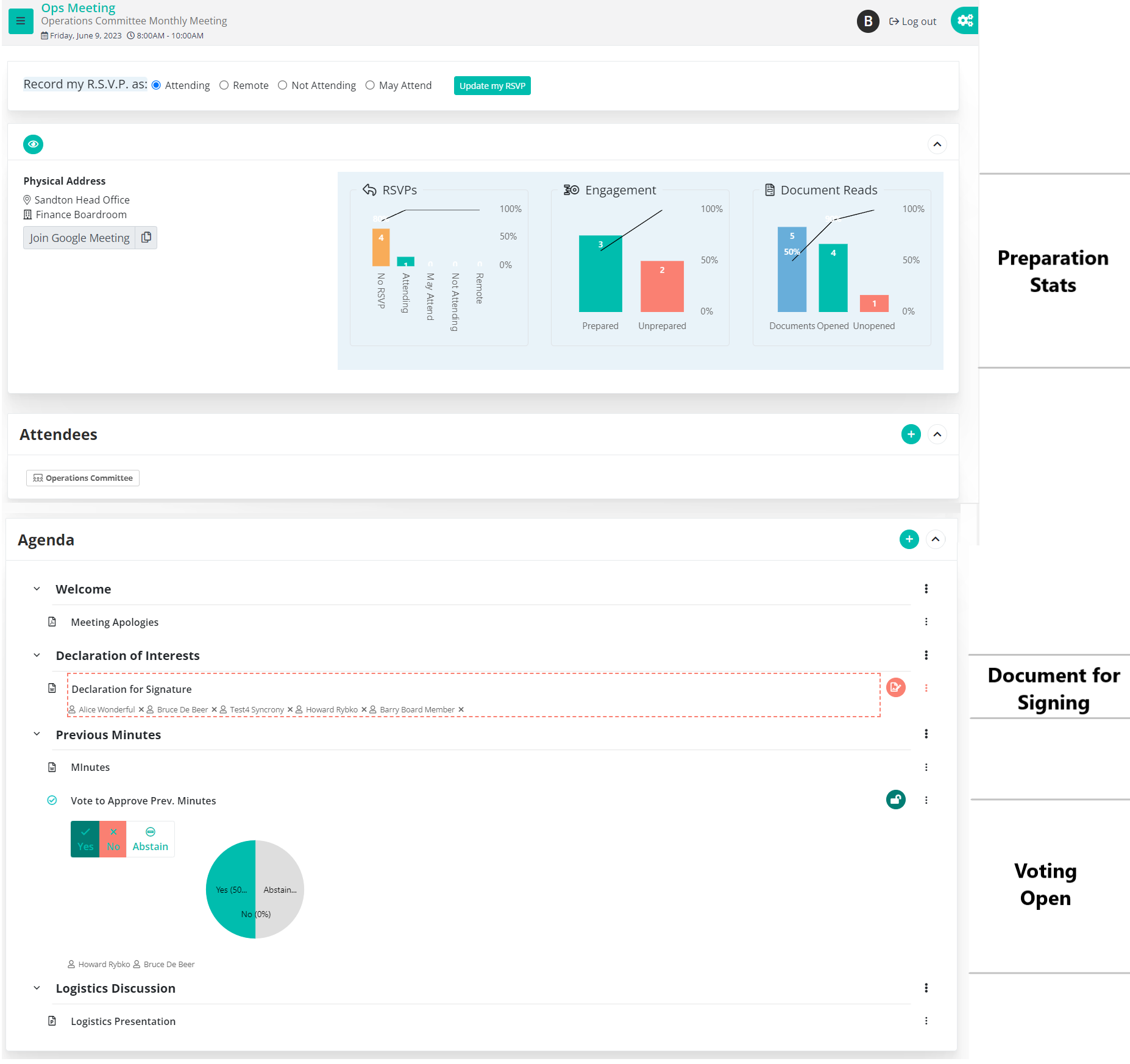 Meeting view in the Agenda Builder